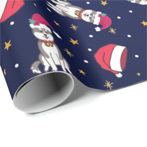 Siberian Husky Blue Christmas With Santa Hat Wrapping Paper