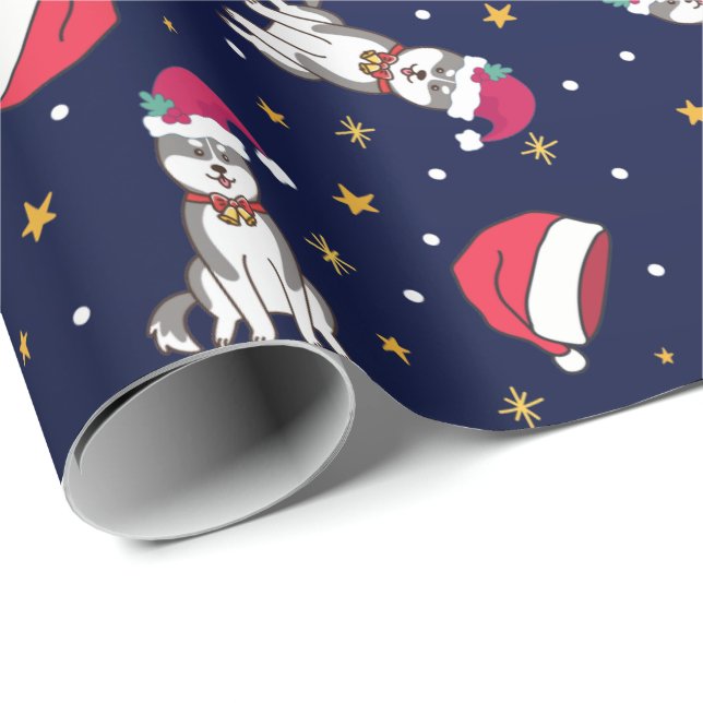 Siberian Husky Blue Christmas With Santa Hat Wrapping Paper (Roll Corner)