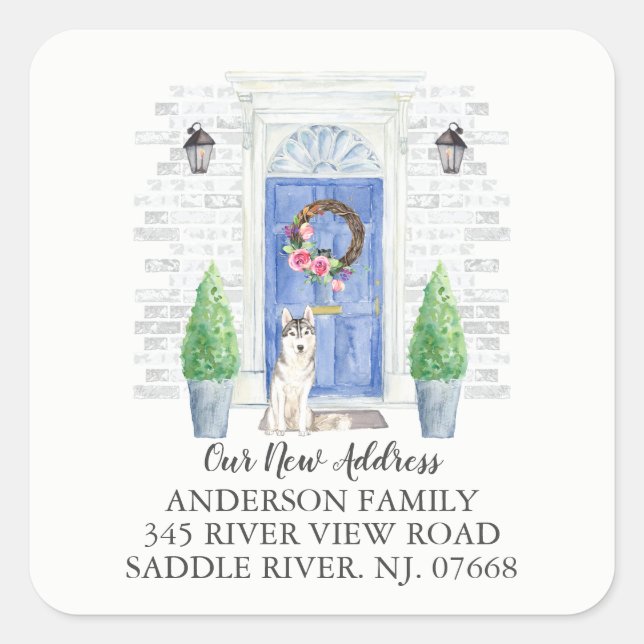Siberian Husky Blue Door New Address Label Sticker (Front)