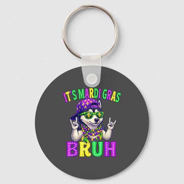 Siberian Husky Bruh Mardi Gras Boys Girls Carnival Keychain (Front)