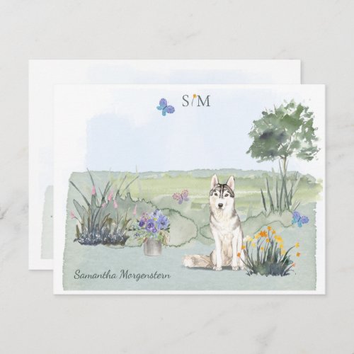 Siberian Husky Butterfly Meadow Monogram  Name   Note Card