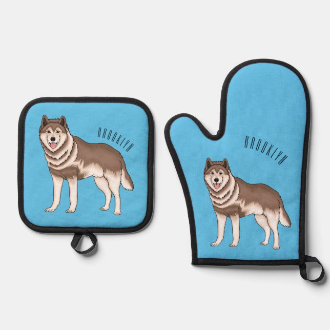 Siberian husky cartoon illustration  oven mitt & pot holder set (Front)