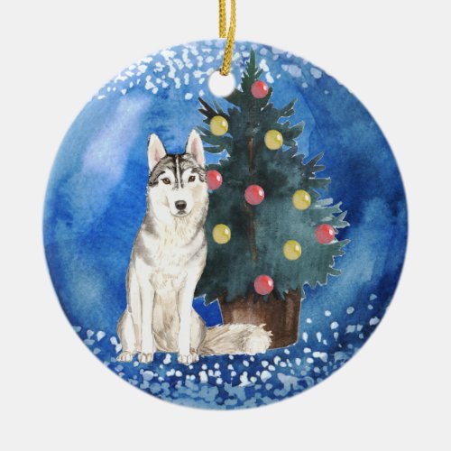Siberian Husky Ceramic Christmas Ornament