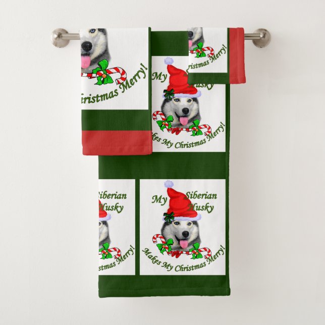 Siberian Husky Christmas Bath Towel Set (Insitu)