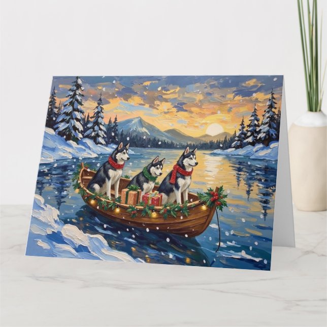 Siberian Husky Christmas Boat Holiday Card (Front)