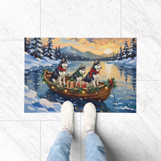 Siberian Husky Christmas Boat Holiday Doormat (Indoor)