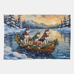 Siberian Husky Christmas Boat Holiday Kitchen Towel