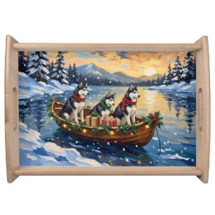Siberian Husky Christmas Boat Holiday Serving Tray