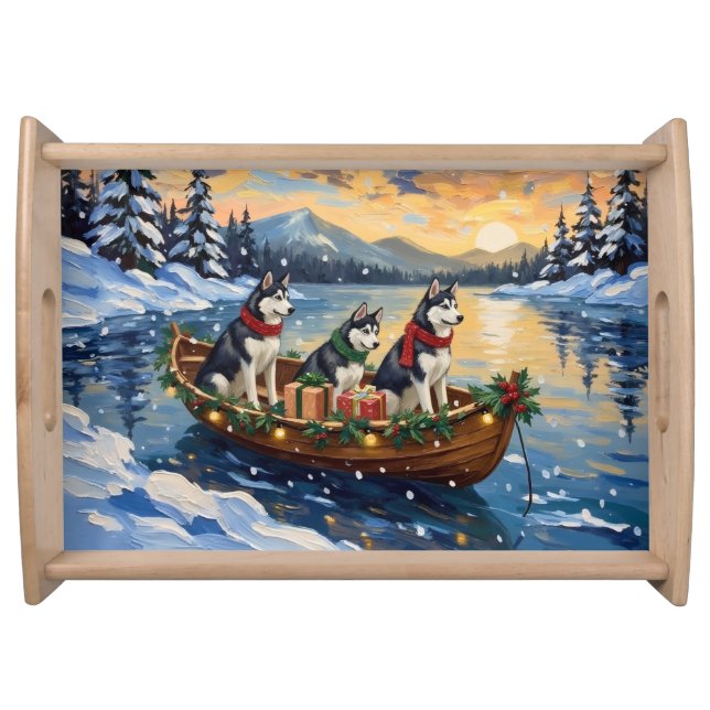 Siberian Husky Christmas Boat Holiday Serving Tray (Front)