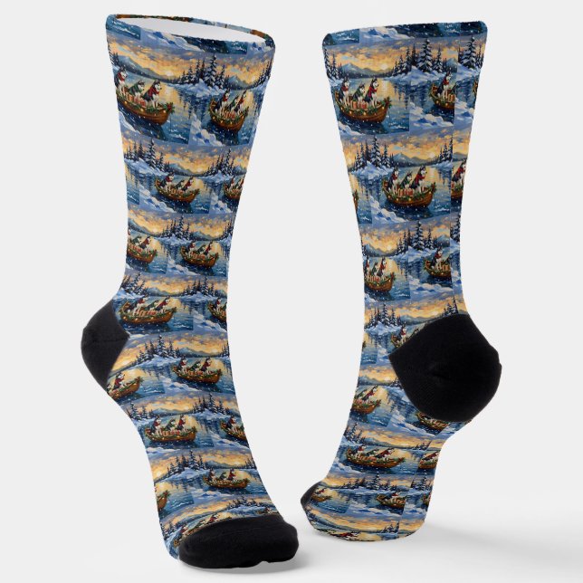 Siberian Husky Christmas Boat Holiday Socks (Angled)