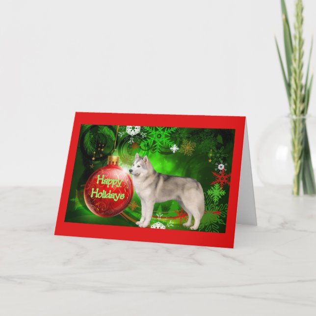 Siberian Husky Christmas Card Red Ball Green (Front)