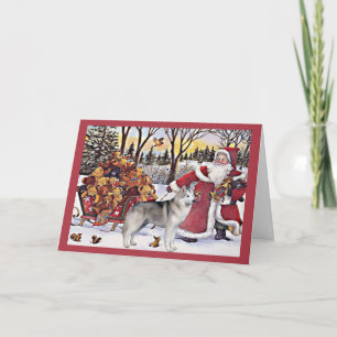 Siberian Husky Christmas Card Santa Bears