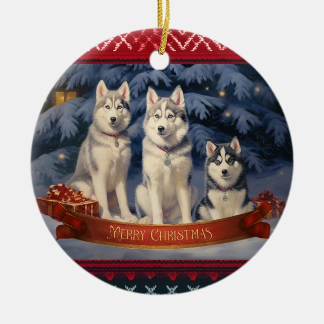 Siberian Husky Christmas Ceramic Ornament (Front)