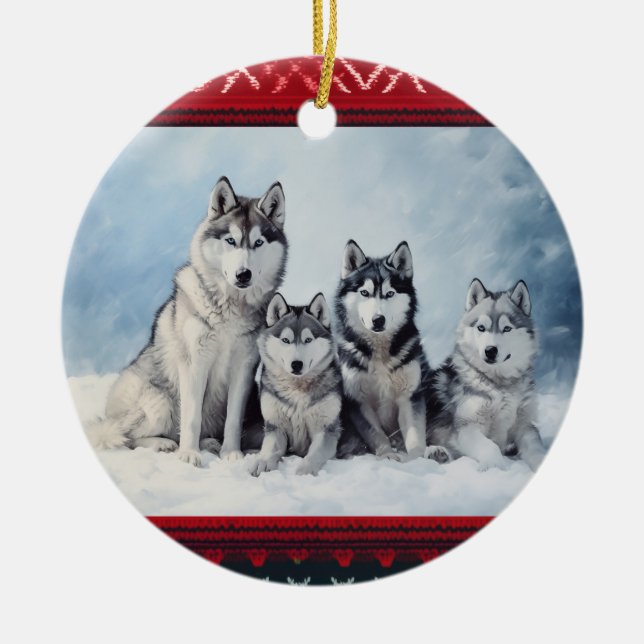 Siberian Husky Christmas  Ceramic Ornament (Front)
