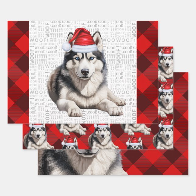 Siberian Husky Christmas Dog Red Buffalo Plaid Wrapping Paper Sheets (Set)