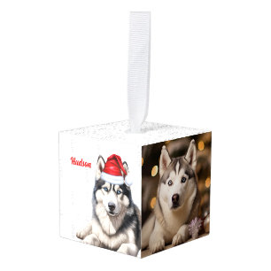Siberian Husky Christmas Dog Two Photo Holiday Cube Ornament