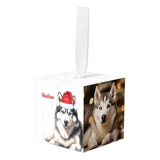 Siberian Husky Christmas Dog Two Photo Holiday Cube Ornament (Front Angled)