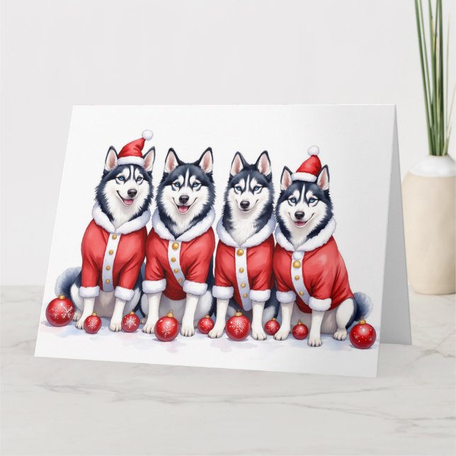 Siberian Husky Christmas Dress Santa Hat Card (Front)