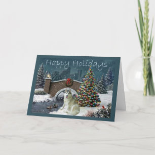 Siberian Husky Christmas Evening Holiday Card