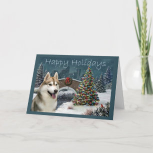 Siberian Husky Christmas Evening Holiday Card