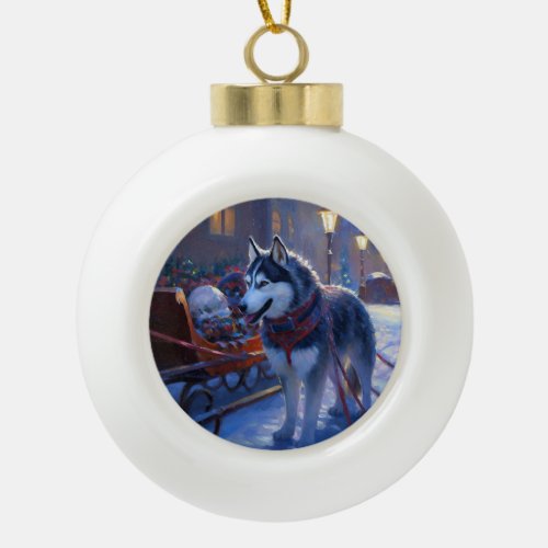 Siberian Husky Christmas Festive Season Ceramic Ball Christmas Ornament