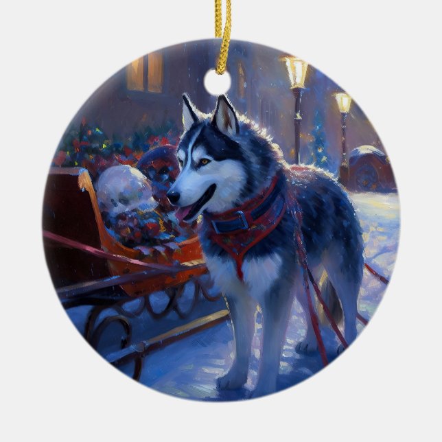 Siberian Husky Christmas Festive Season Ceramic Ornament (Front)