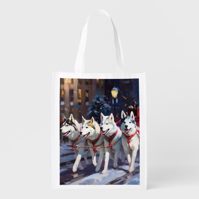 Siberian Husky Christmas Festive Season  Grocery Bag (Front)
