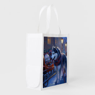 Siberian Husky Christmas Festive Season Grocery Bag