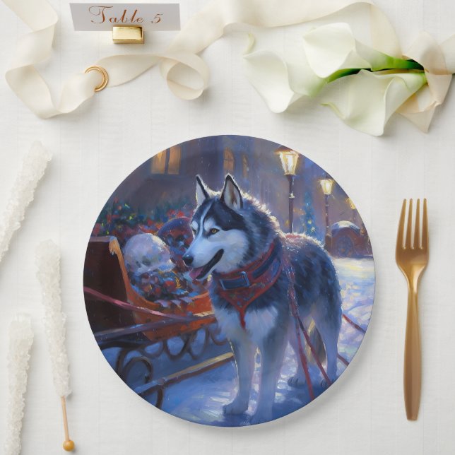 Siberian Husky Christmas Festive Season Paper Plates (Wedding)