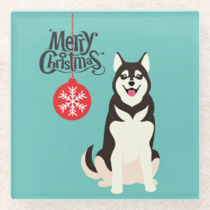Siberian Husky Christmas Glass Coaster