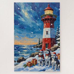 Siberian Husky Christmas Lighthouse Holiday Jigsaw Puzzle