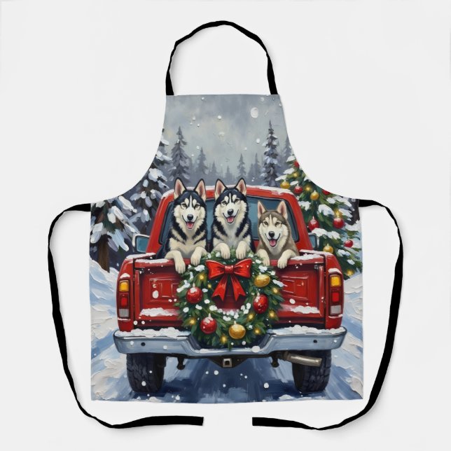Siberian Husky Christmas Red Truck Holiday Apron (Front)