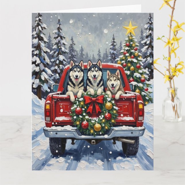Siberian Husky Christmas Red Truck Holiday Card (Yellow Flower)