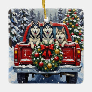 Siberian Husky Christmas Red Truck Holiday Ceramic Ornament