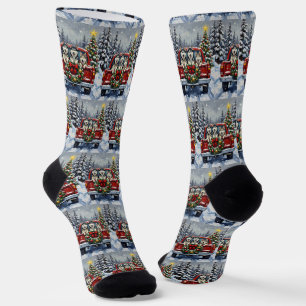 Siberian Husky Christmas Red Truck Holiday Socks