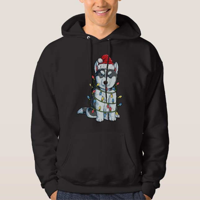 Siberian Husky Christmas  Santa Hat Xmas Lights Bo Hoodie (Front)