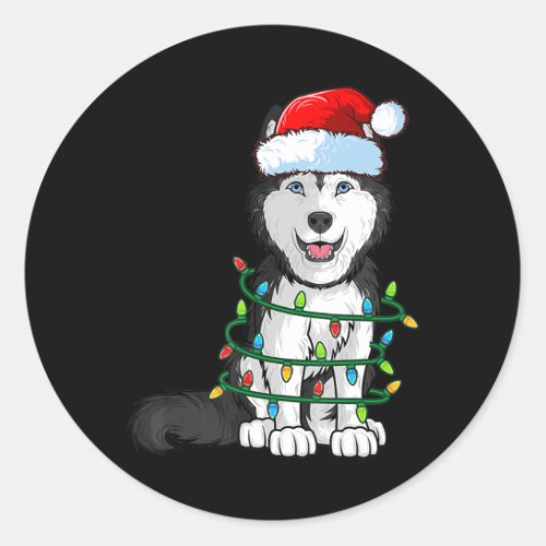 Siberian Husky Christmas Santa Hat Xmas Lights Dog Classic Round Sticker
