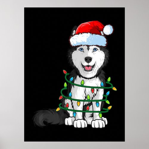 Siberian Husky Christmas Santa Hat Xmas Lights Dog Poster