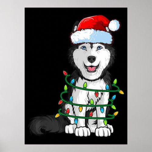 Siberian Husky Christmas Santa Hat Xmas Lights Dog Poster