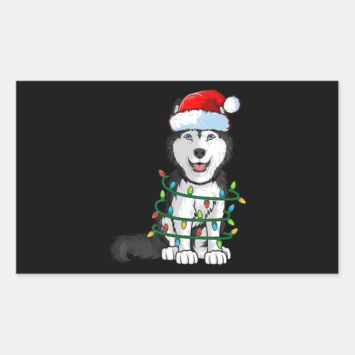 Siberian Husky Christmas Santa Hat Xmas Lights Dog Rectangular Sticker