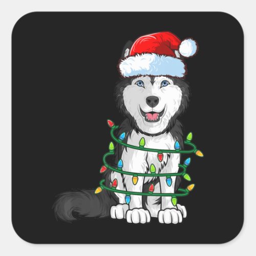 Siberian Husky Christmas Santa Hat Xmas Lights Dog Square Sticker