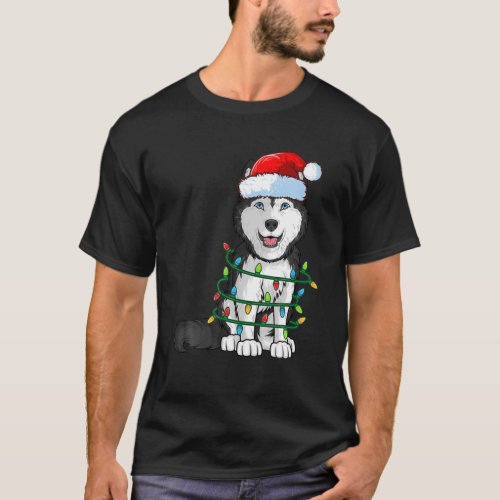 Siberian Husky Christmas Santa Hat Xmas Lights Dog T_Shirt