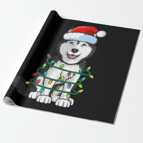 Siberian Husky Christmas Santa Hat Xmas Lights Dog Wrapping Paper