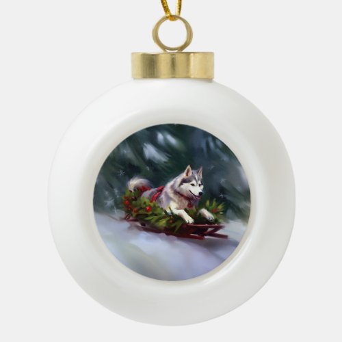 Siberian Husky Christmas snow winter Ceramic Ball Christmas Ornament
