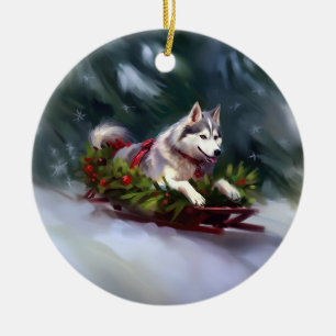Siberian Husky Christmas snow winter Ceramic Ornament