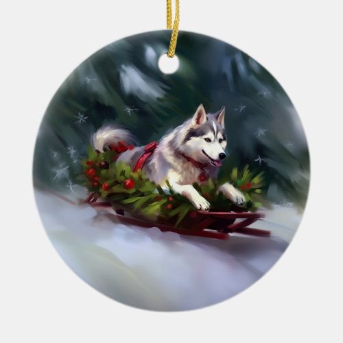 Siberian Husky Christmas snow winter Ceramic Ornament