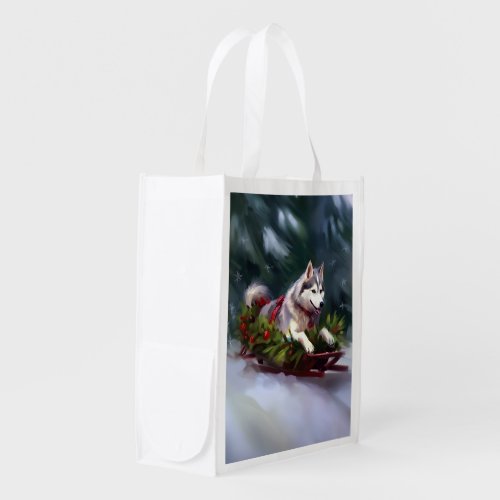 Siberian Husky Christmas snow winter Grocery Bag