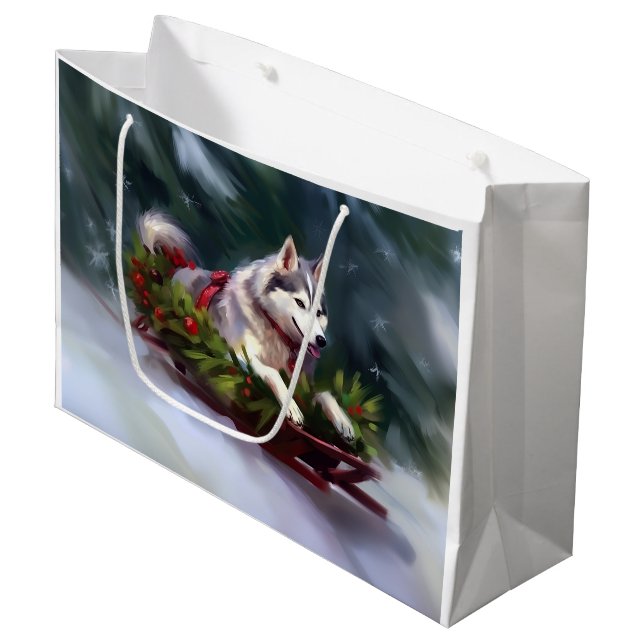Siberian Husky Christmas snow winter Large Gift Bag (Front Angled)