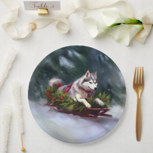 Siberian Husky Christmas snow winter Paper Plates