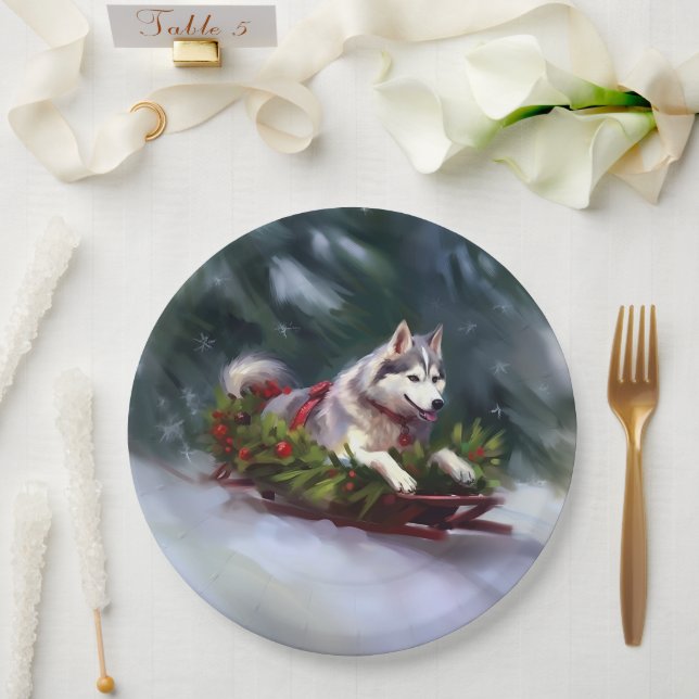 Siberian Husky Christmas snow winter Paper Plates (Wedding)